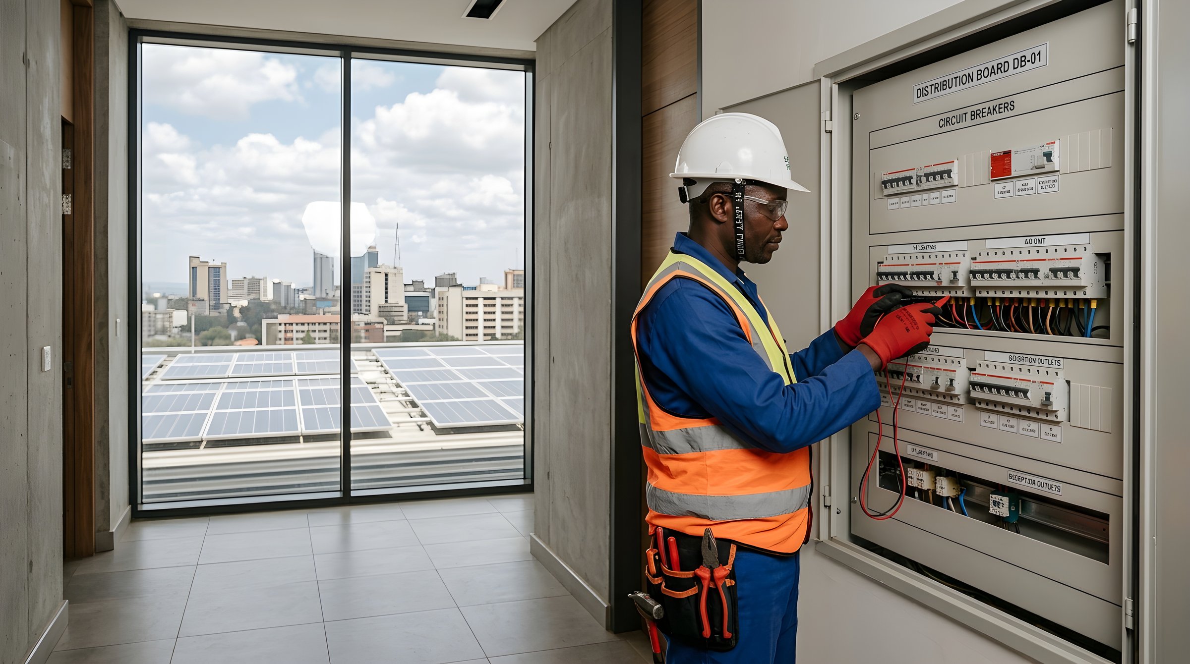 Technician testing a distribution board