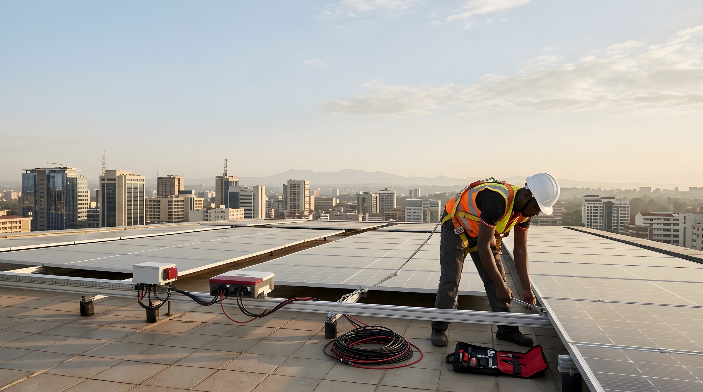 Technician fixing a solar mounting rail on a Nairobi rooftop