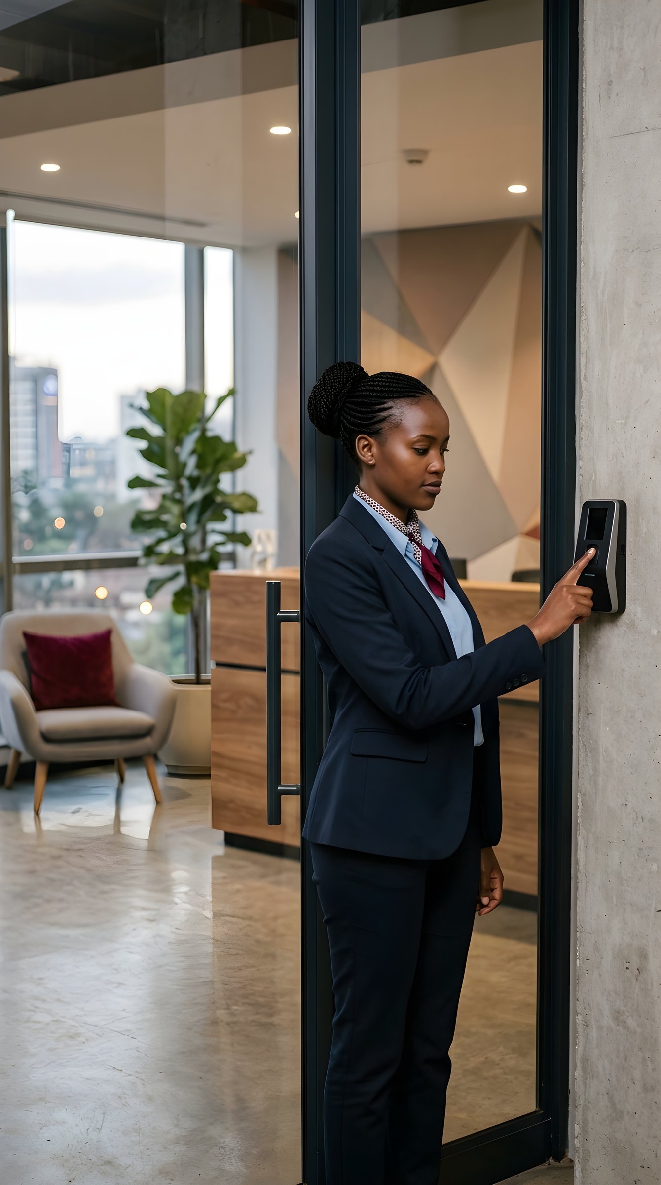 Employee using a biometric door reader