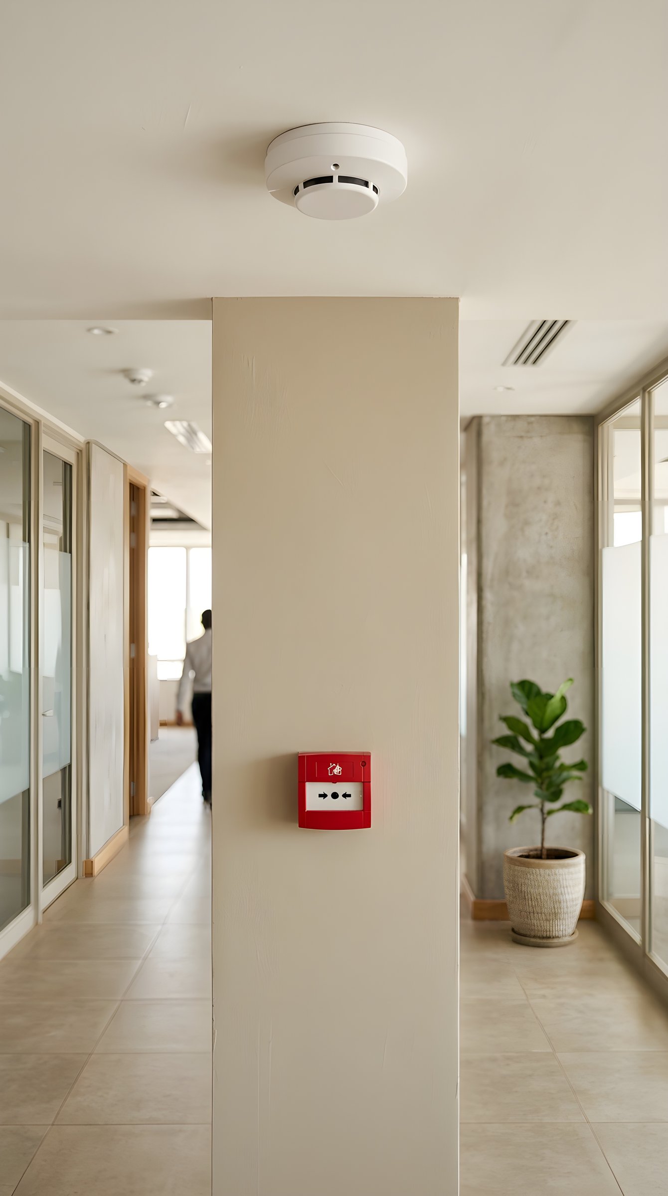 Smoke detector and fire alarm call point in a corridor