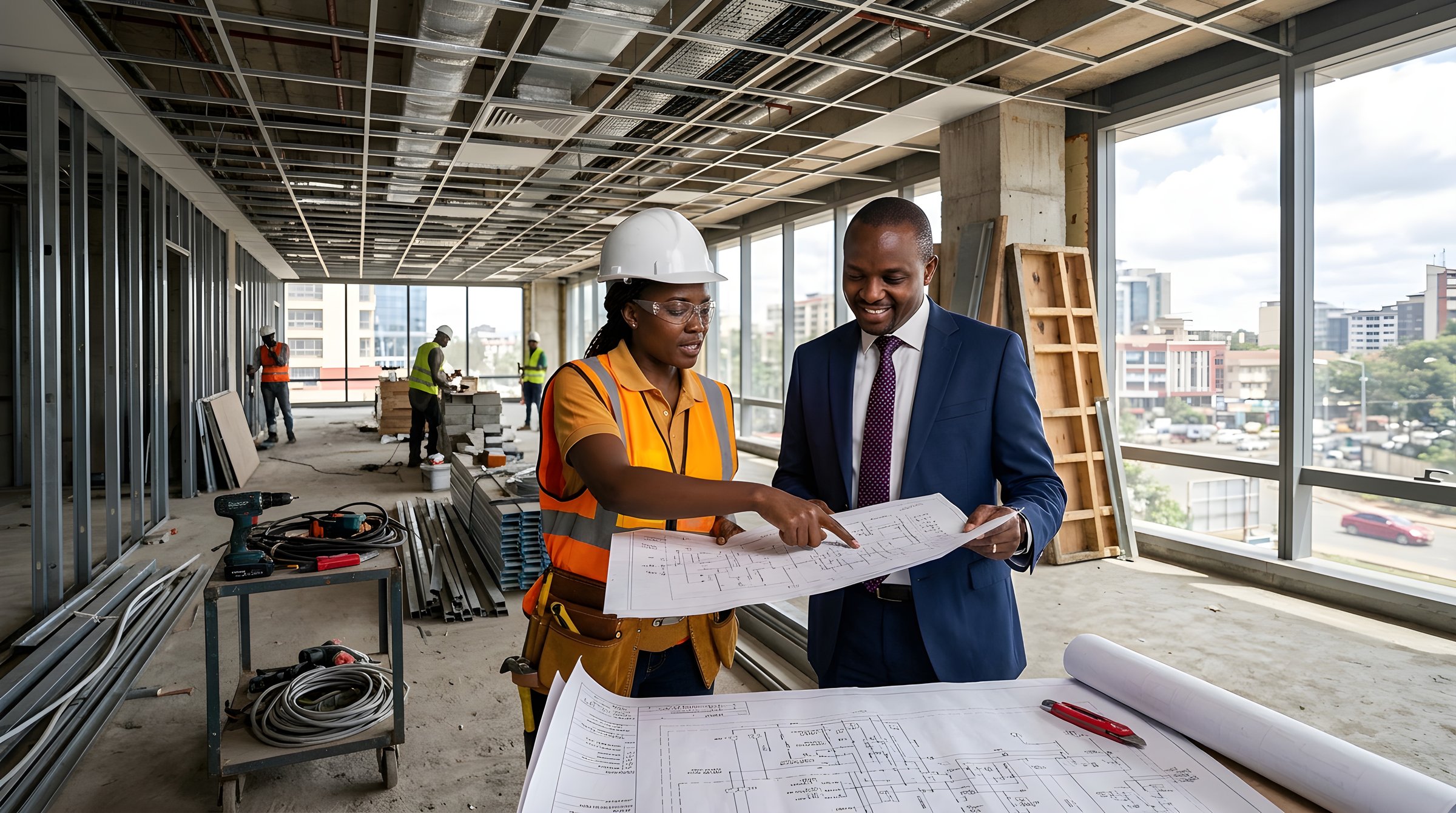 Engineer and client reviewing drawings on site